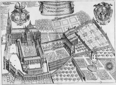 Gravierte Tafel aus dem 17. Jahrhundert, die die Abtei Saint-Denis in Frankreich darstellt, im Buch Monasticon Gallicanum von Michel Germain